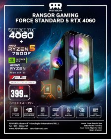 RANSOR Gaming Force Standard 5 with RTX4060: AMD Ryzen 5 7500F, NVIDIA GeForce RTX4060 8GB,16GB DDR5 RAM,1TB NVME SSD,850W PUS-ONE YEAR WARRANTY-RNSR-PC-223-FS5-4060-01