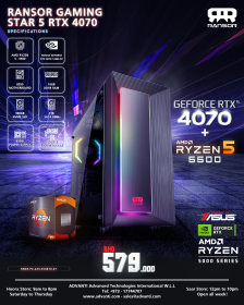 RANSOR Gaming Star 5 with RTX 4070: AMD Ryzen™ 5 5500, NVIDIA GeForce RTX 4070 OC 12GB, 16GB DDR RAM, 500GB M.2 SSD,1TB HDD, 850W PSU - One Year Warranty - RNSR-PC-223-S54070-01