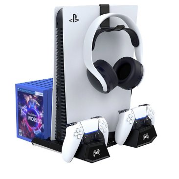 Ipega PS5 Vertical stand for PS5 console, with a charging station for controllers, a holder for a headset and storage of game disc - Black - PG-P5023