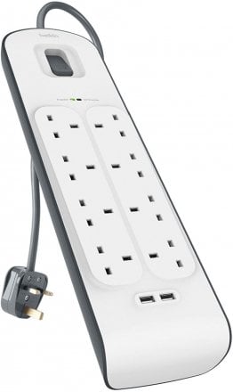 Belkin 8 Way 2m Surge Protection Strip with 2 x 2.4A Shared USB Charging White-BL-SRG-8OT-2USBBUK-WHT