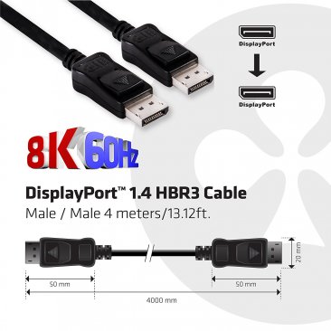 Club 3D CAC-1066 Display Port to Display Port 1.4/HBR3 Cable DP 1.4 8K 60Hz 4m/13.12', Black - CAC-1066