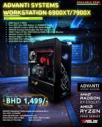 ADVANTI Systems Workstation 6900XT/7900X: AMD Ryzen 7900X, AMD Radeon RX 6900 XT 16GB Edition,32 GB DDR5 RAM,2TB NVME,1TB HDD,1200W Power Supply - ADVSYS 26232- 1 Year Warranty