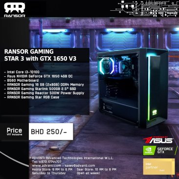 RANSOR Gaming STAR 3 with GTX 1650 - INTEL I3-10100, NVIDIA GeForce GTX 1650 OC 4GB, 16GB RAM, 500 GB SSD, 500W PSU - One Year Warranty